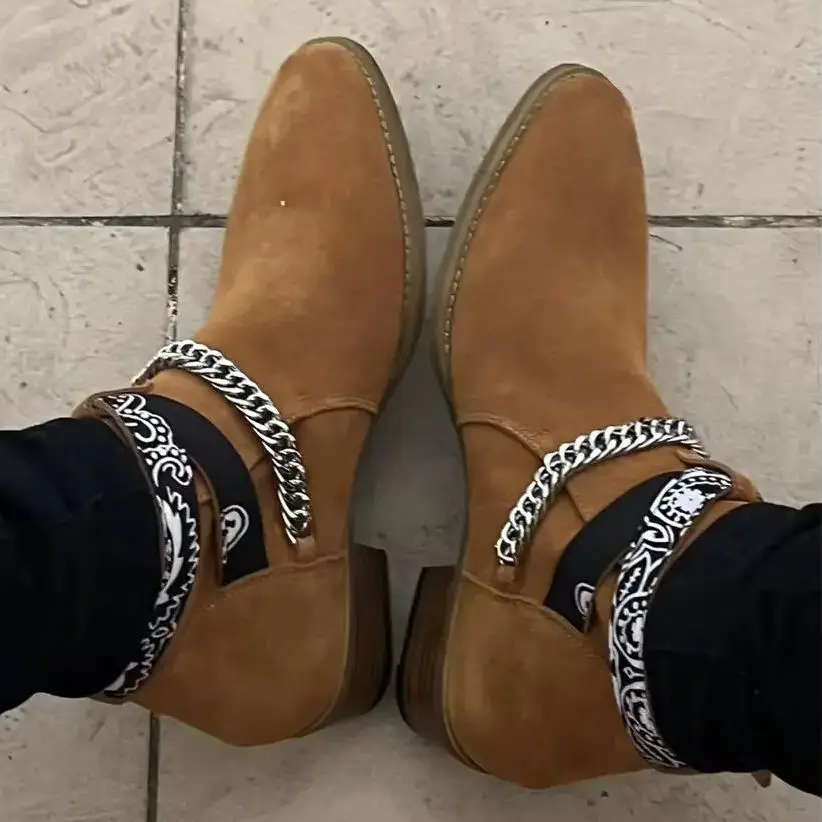 

Handmade Cowhide Suede Leather Buckle Strap Bannana Pionted Toe wyatt Demin Men Boots