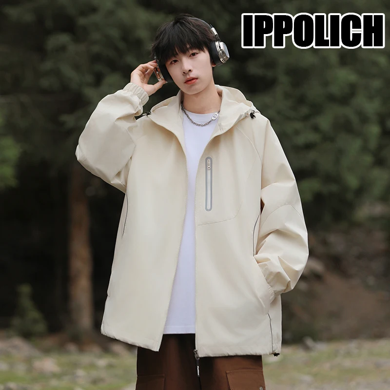 Unisex Windbreaker Casual Hooded Jacket Outdoor Splash Resistant Relaxed Fit with Reflective Strips Hiking Workwear Jacket