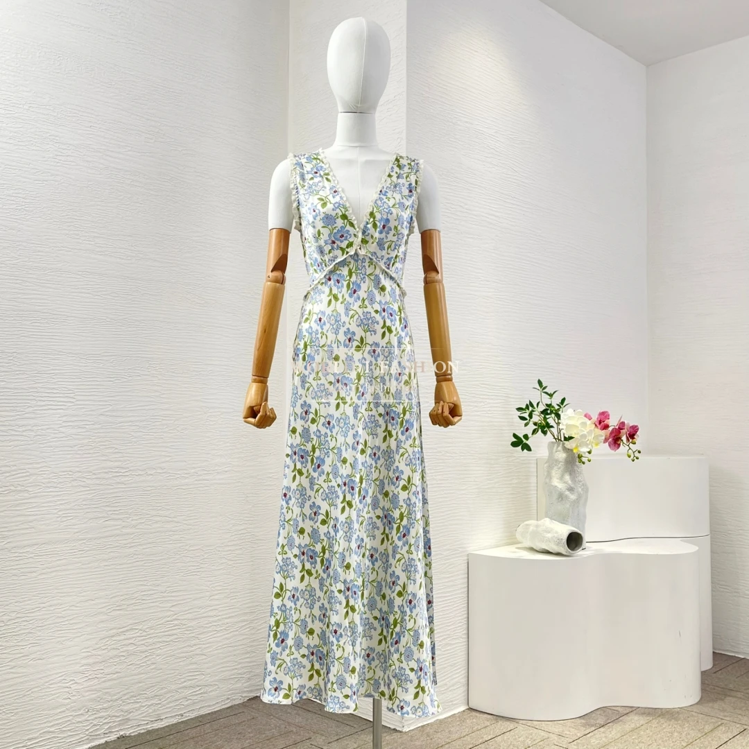 فستان ميدي عميق V 2025 تصميم جديد أخضر مطبوع عليه زهور وكشكشة مكشكشة بدون أكمام #1