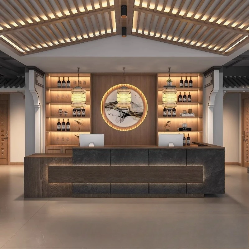 Bar table, cash register, hotel front desk, catering outlet