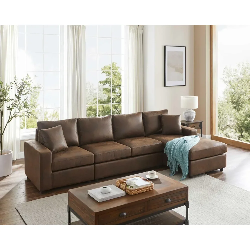 116'' Faux Leather Sectional Sofa, L-Shaped Five-Seat Living Room Sofa Couch, Chaise Longue on The Right, Dark Brown