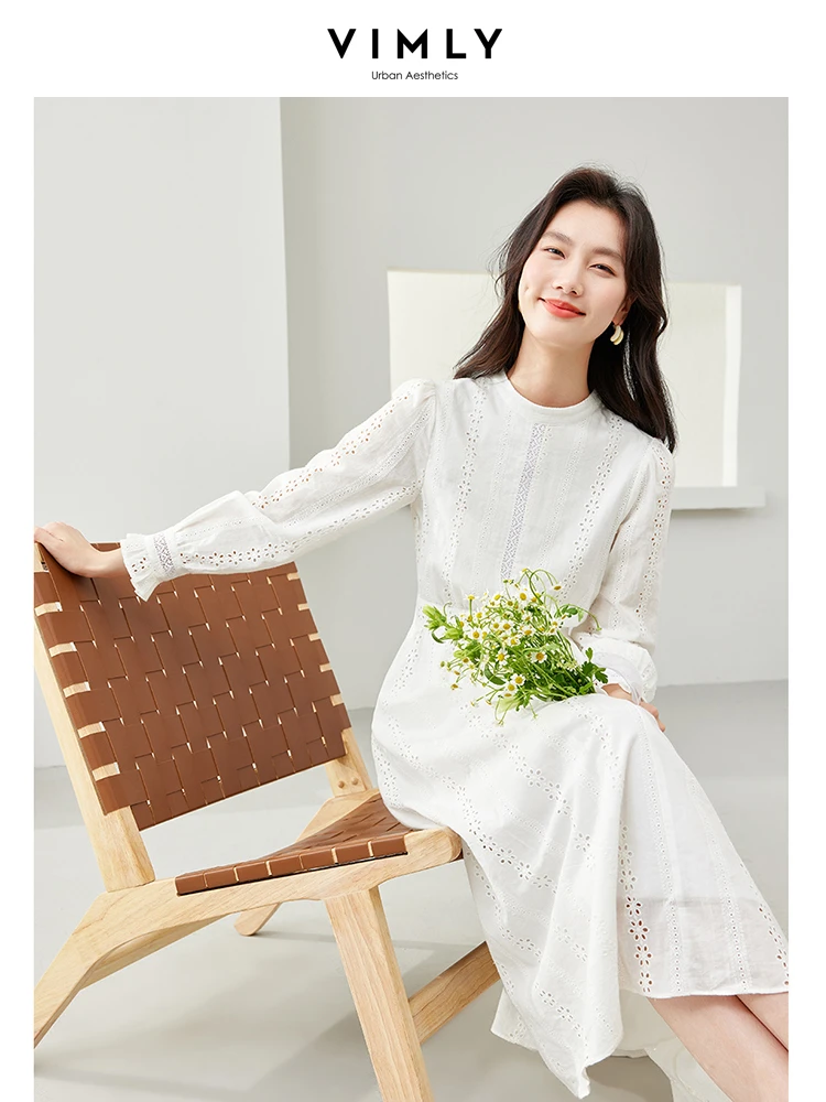Vimly A-line Women White Dress Spring/Autumn  French Style Elegant Fashion Cotton 100% Hollow Out Long Sleeve Midi Dresses M6192