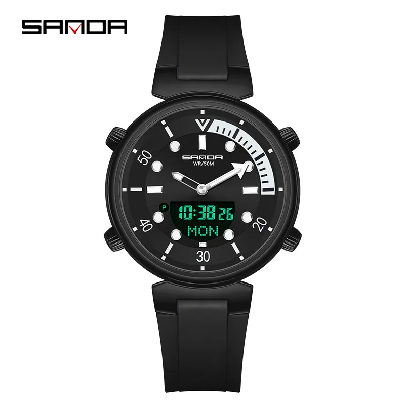 SANDA 2025 New Dual Display Watch for Men and Women with Electronic and Quartz Movement, 50m Waterproof Luminous Student Watch