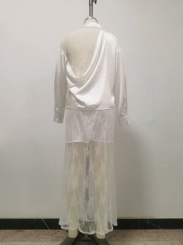 Women Two Piece Sets Skirt Set Full Sleeve Shirt Long Skirts Lace Mesh Backless A Line High Waist Y2k Streetwear Elegant Work image 6