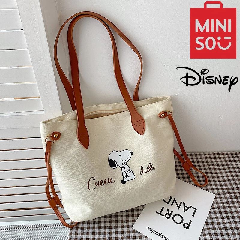 MINISO Disney Series Snoopy Canvas Bag Water Bucket Bag Cartoon Letter Printed Tote Bag Cute Fashion Casual Bag Handbag