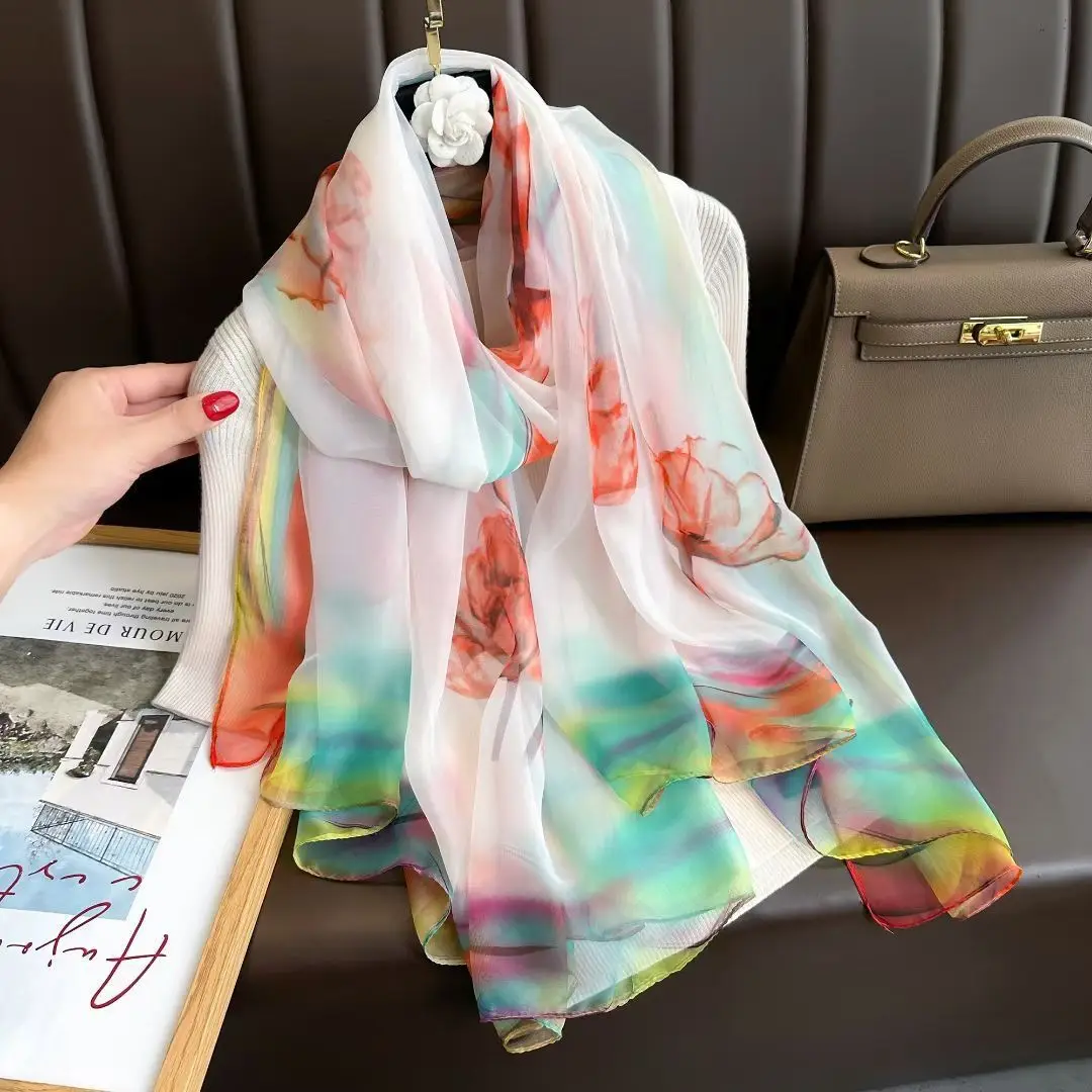 

Long Thin Silk Scarf for Women Spring Autumn Square Dance Beach Sun Protection Versatile Shawl Korean Style Sand Scarf