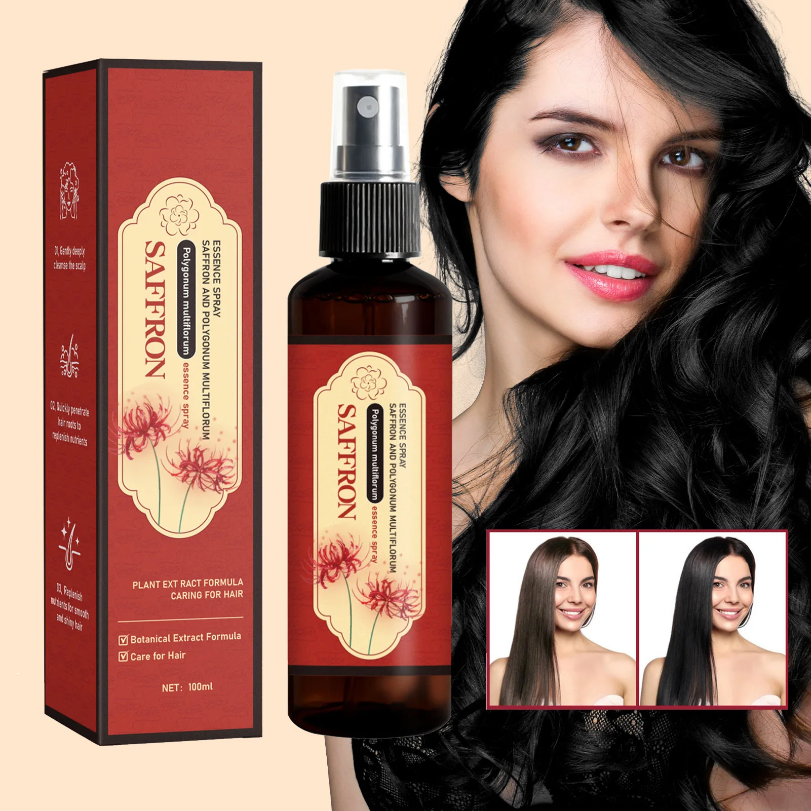 

Спрей с эссенциями шафрана, 100 мл, спрей с эссенциями натуральных растений, шафран Polygonum Multiflorum, обратная жидкость для седых волос для женщин и мужчин