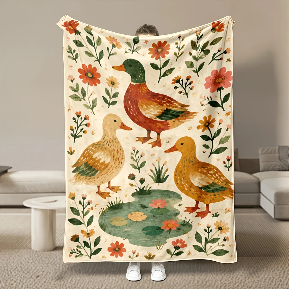 1pc Watercolor Ducks Flannel Blanket, Ultra Soft Warm And Cozy Comfort, All-Season Versatile Use, 280GSM Heavy, Multi-Size, Machine Washable for Easy Care, Perfect for Bedroom, Sofa, Home Decor, Office Nap, Dorm, Cozy Winter Throw, Ideal Gift Choice