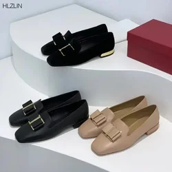 Top quality leather small square head butterfly knot flat loafers simple women's casual shoes elegant all season flat shoes