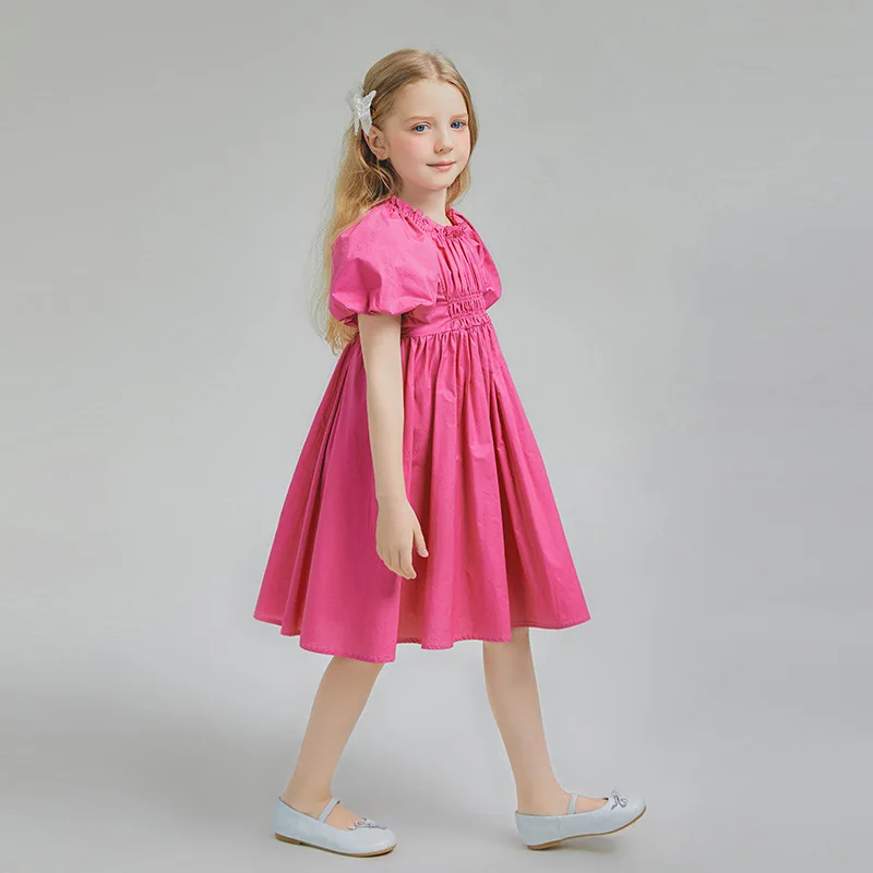 2024 Summer Children Girl Dress Teenager Girl Bubble Sleeve One-piece Dress School Girl Elastic Waist Fluffy Princess Dress