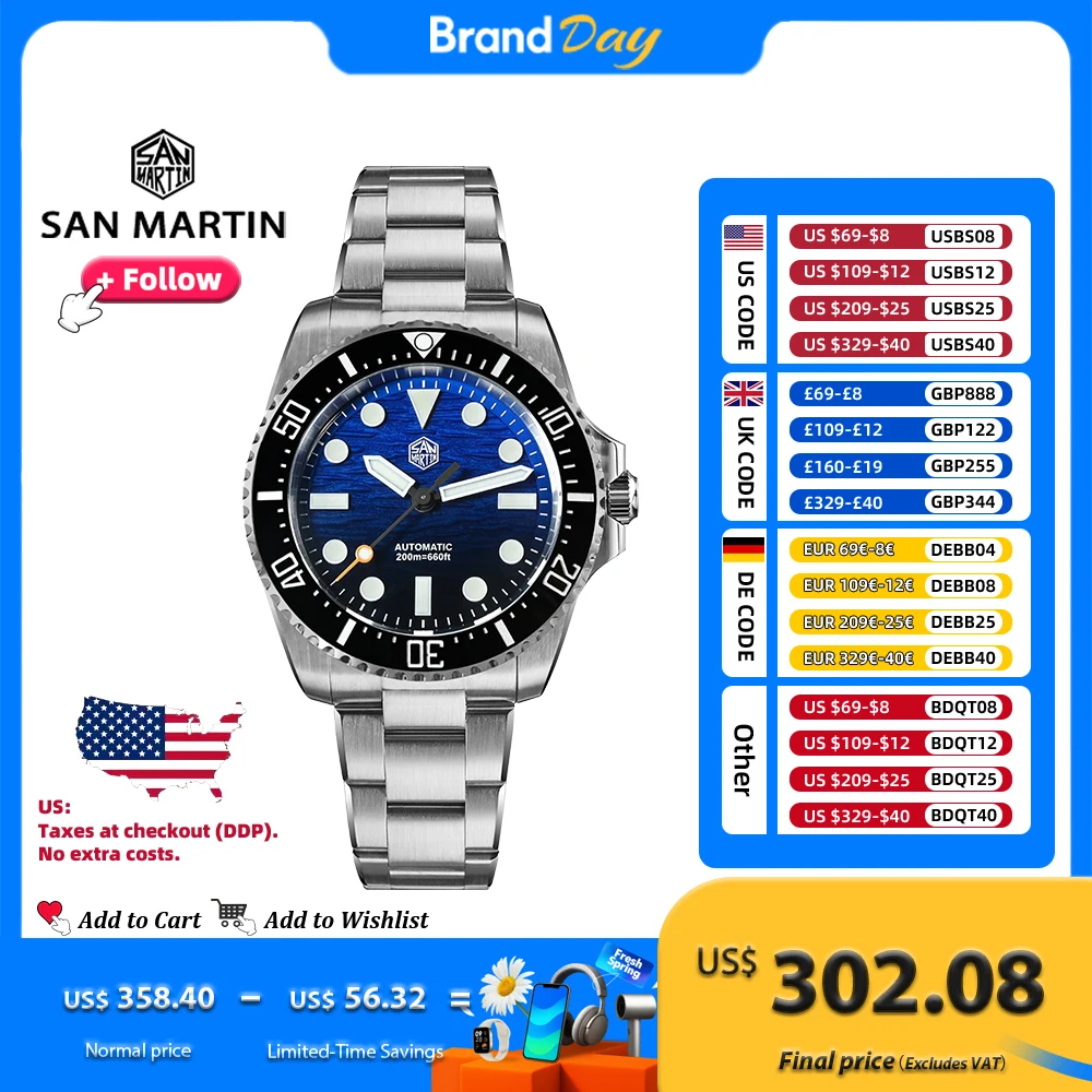 

Мужские дайверские часы San Martin SN0126 38 мм класса люкс с автоматическим механизмом Miyota 90S5, градиентным синим циферблатом с эффектом волн, люминесцентным покрытием BGW-X1, регулируемым браслетом OTF, водонепроницаемостью 20 АТМ.