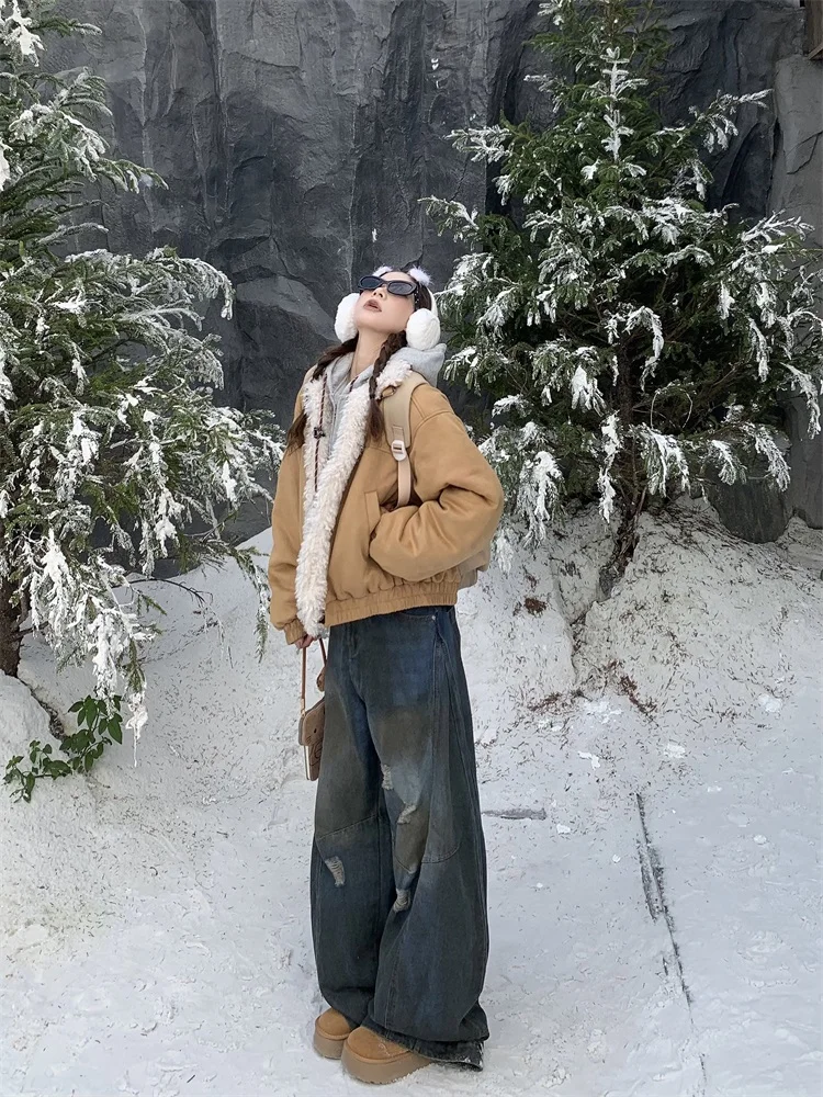 

Thiened ort, зимняя куртка в американском стиле ретро, женское замшевое хлопковое пальто с мехом ягненка, свободная посадка для поездок на работу, Longevi