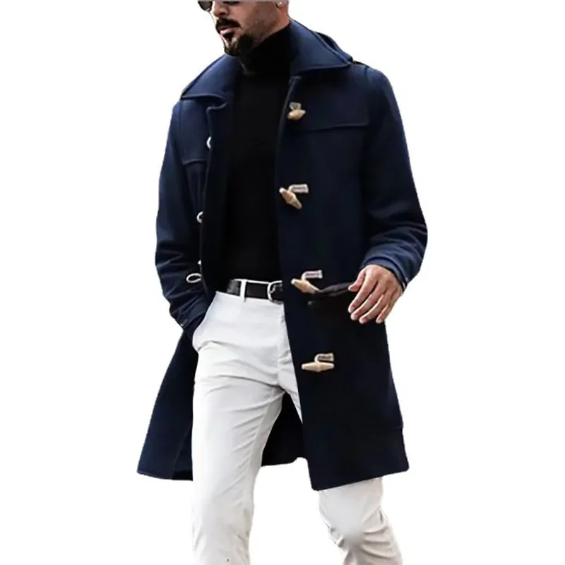 Men\'s Casual Single-breasted Lapel Solid Color Overcoat in Mid-to-long Style for Autumn and Winter, Trendy Coat Jacket S-XXXL