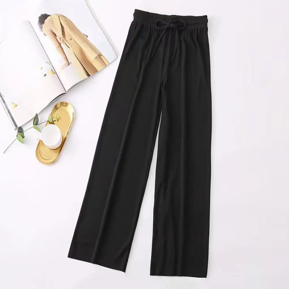 

Lightweight Wide-leg Pants Elastic Drawstring Waist Women's Summer Pants Solid Color Straight Wide Leg Trousers for Streetwear