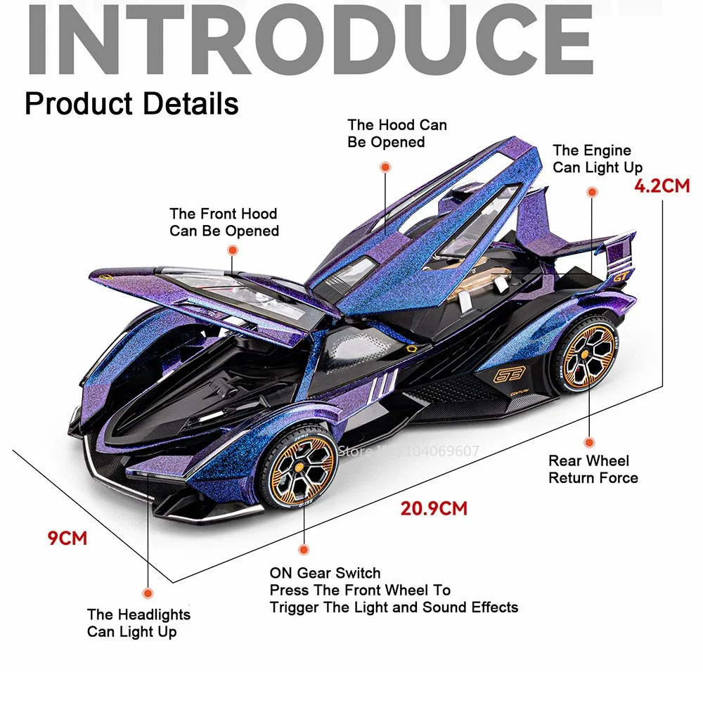 รถของเล่นโมเดลสปอร์ต 1:24 V12 SVJ63 ผลิตจากโลหะผสม พร้อมเสียงและไฟ ประตูเปิดได้ แบบดึงหลัง รุ่นยอดนิยมสำหรับเด็กและผู้ใหญ่