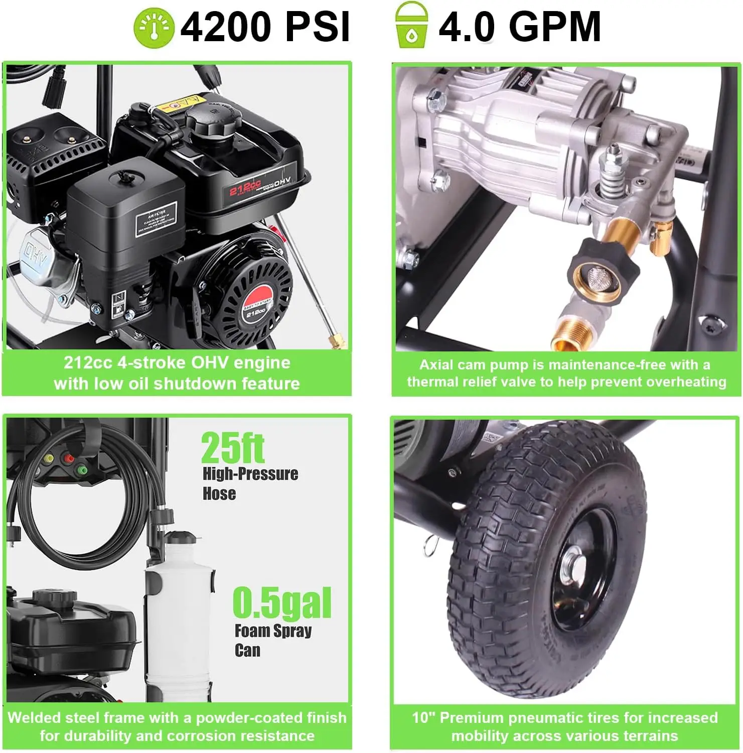 

Газовая мойка высокого давления 4200PSI 4.0GPM, коммерческая, с двигателем 212CC, 5 насадок, шланг 25 футов, бак для моющего средства, Powerwas