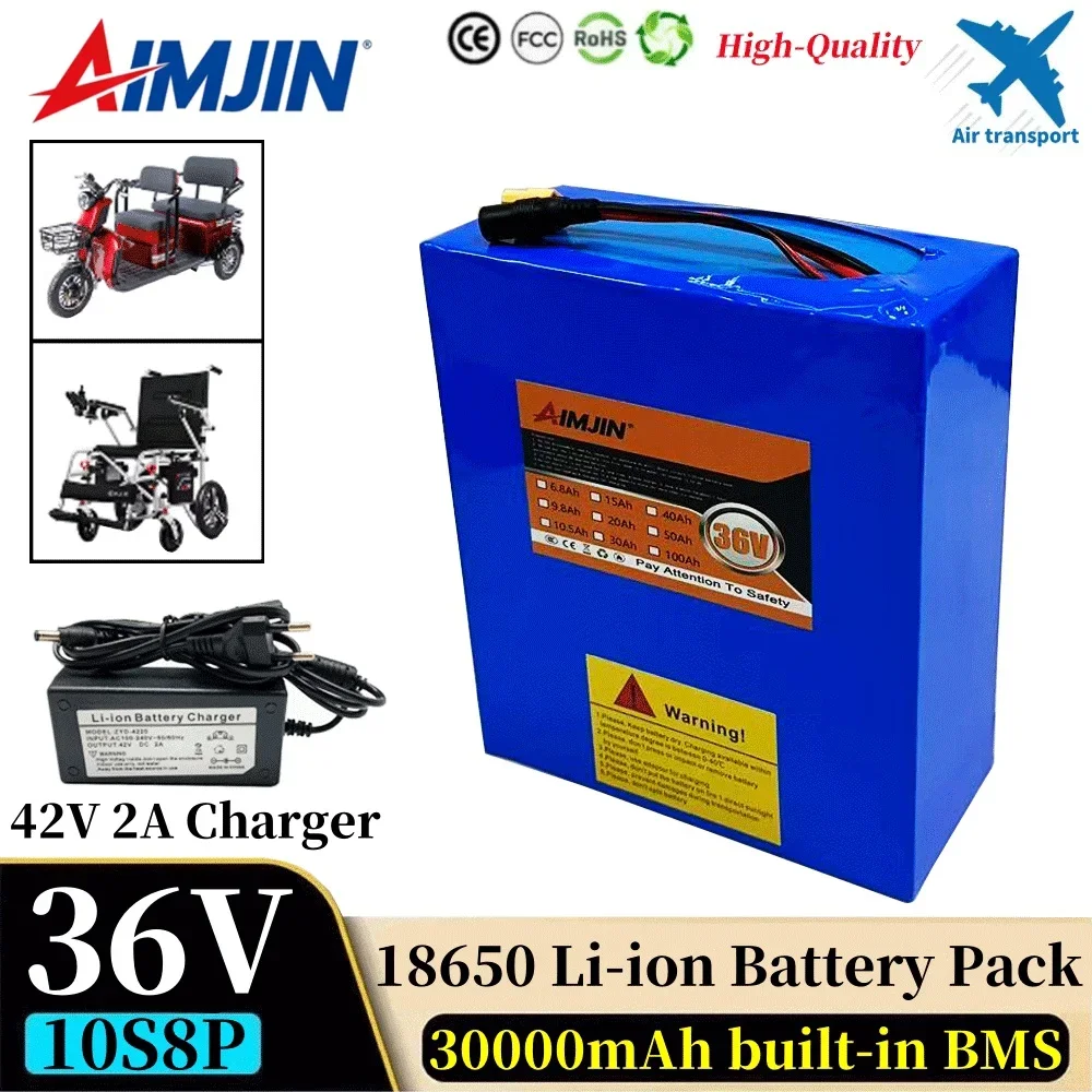 Upgraded Version 10S8P 36V 30ah 18650 Lithium-ion Battery Pack with BMS Large Capacity Power Battery,500-1000W