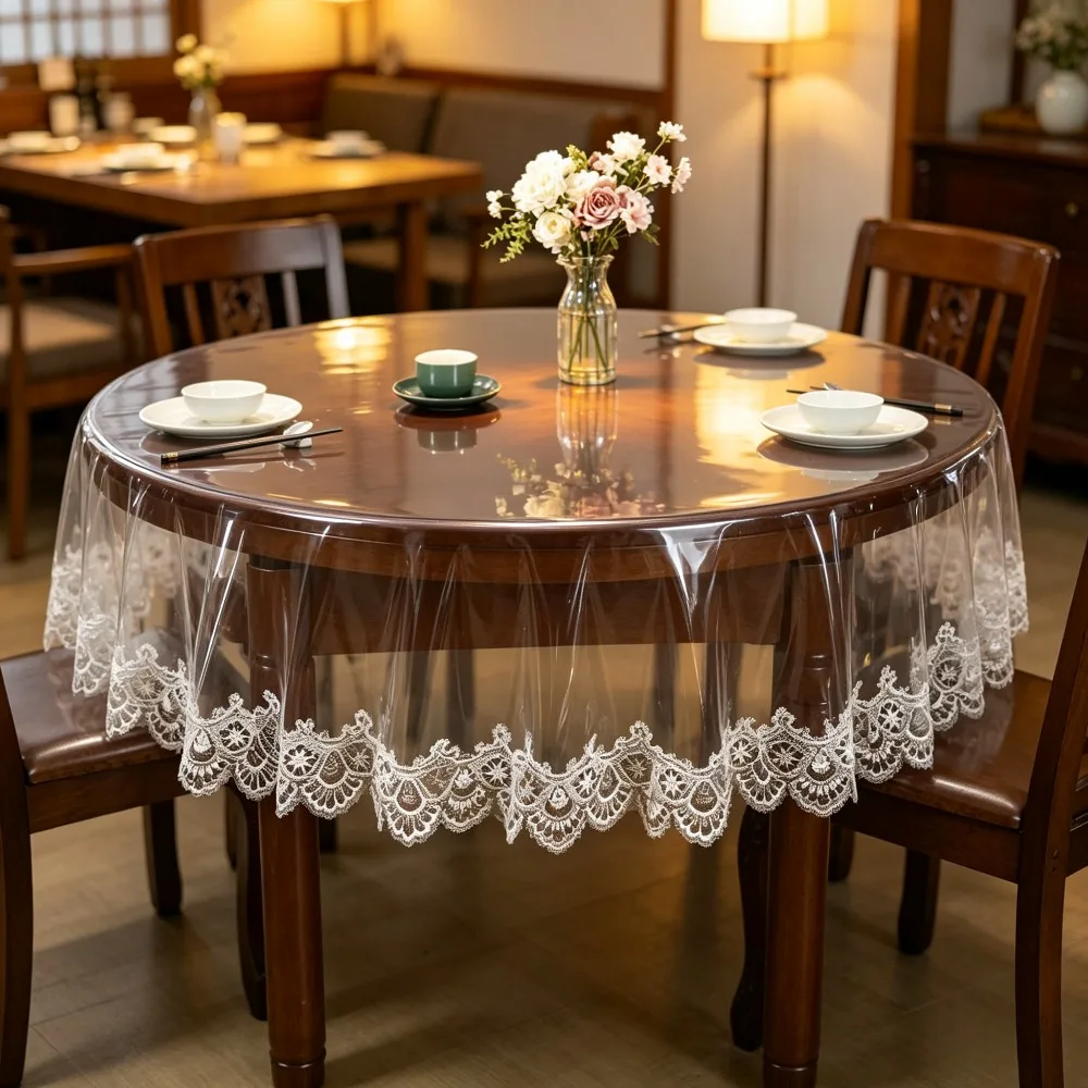 Waterproof Oil Resistant Transparent PVC Table Protector Round Tablecloth Stain Proof Wipeable Cover with Lock Edge for Dining