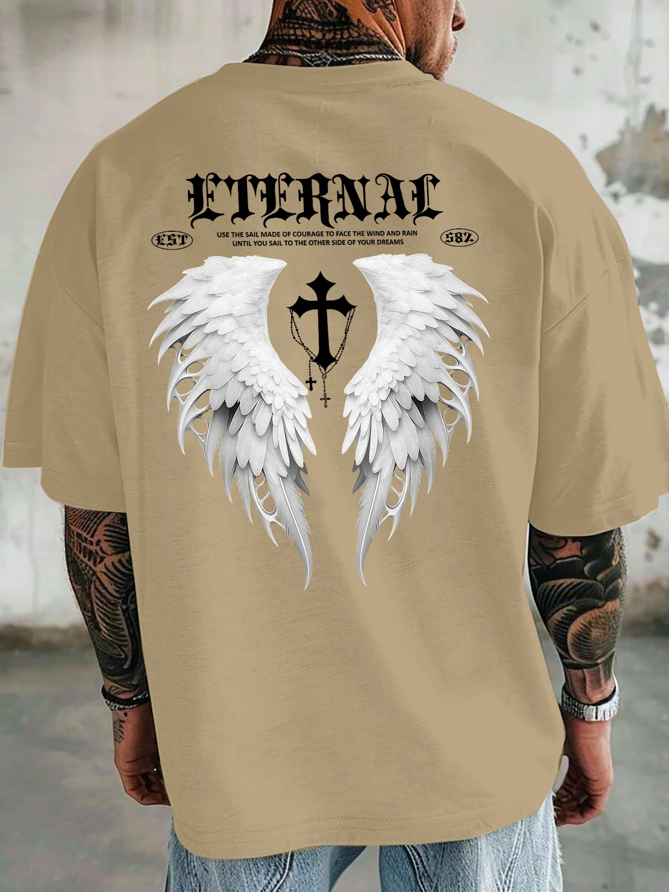 Men's Oversized T Shirt Eternal Wings Cross Graphic Print Streetwear Gothic 100% Polyester Short Sleeve Casual Tee
