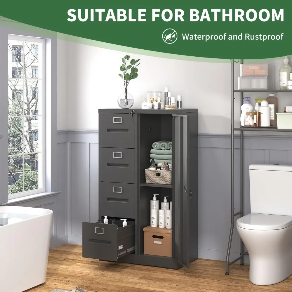 Vertikaler Aktenschrank mit 4 Schubladen, Schloss und 1 Tür, Aktenschrank mit A4-Regalen/Buchstaben, Schwarz, Montage erforderlich