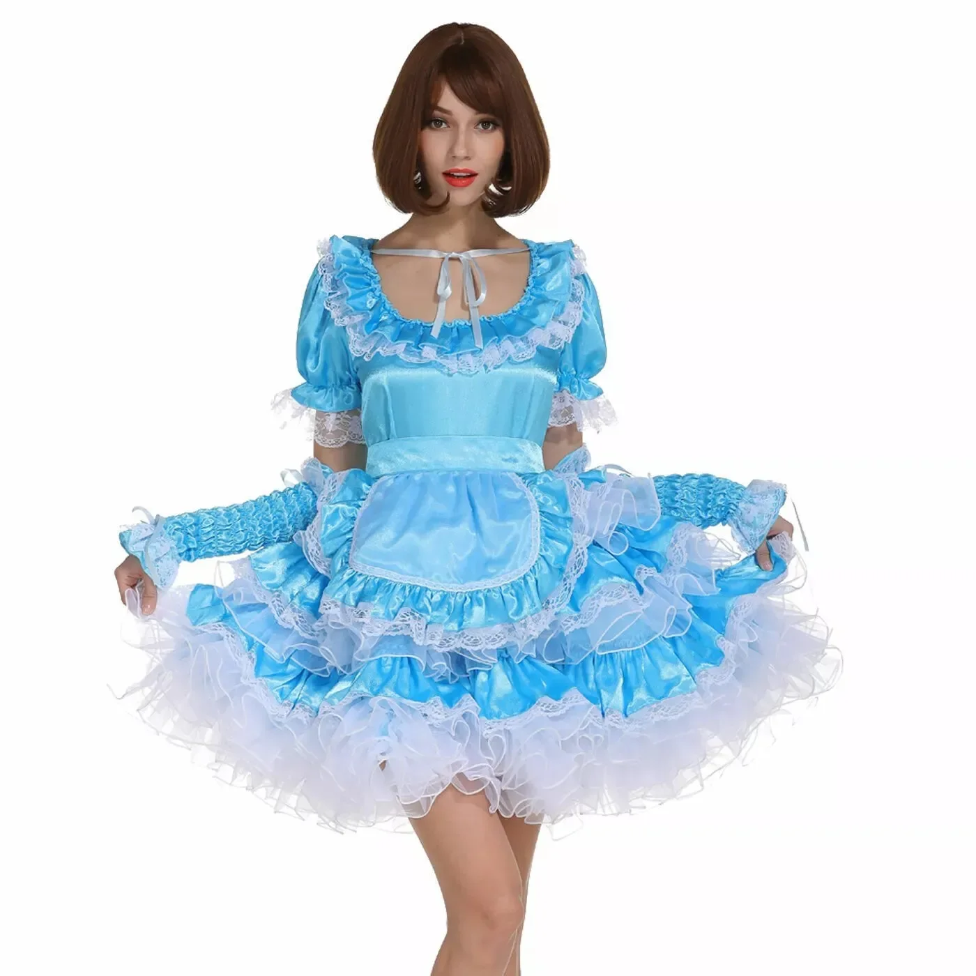 

Sissy Cosplay Cute Sexy Girl Blue Satin Lockable Dress French Maid Costume Customized Halloween Set