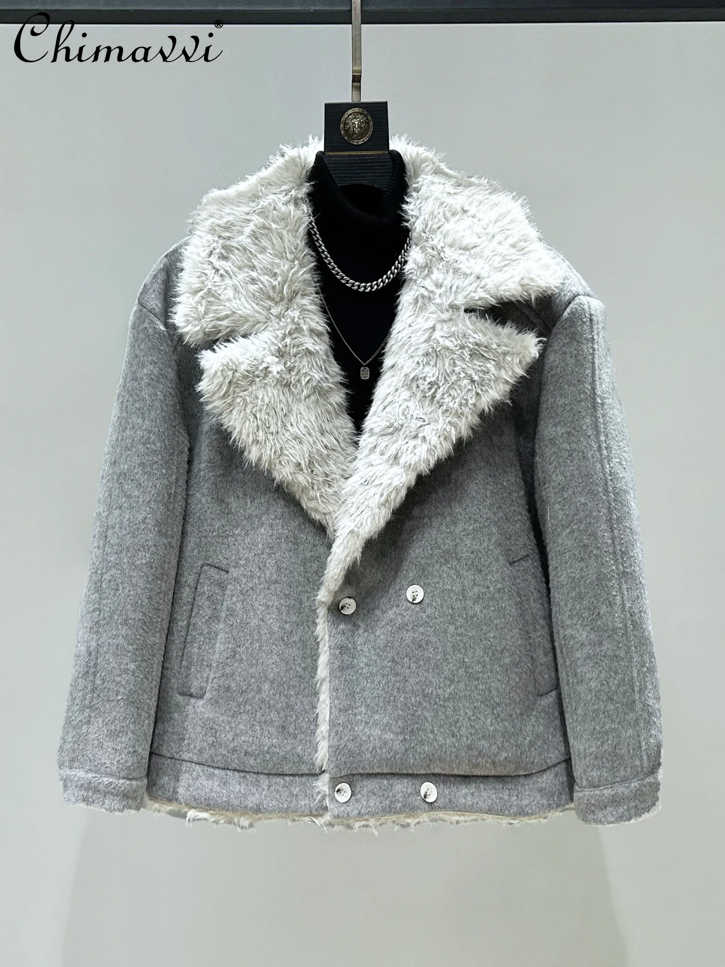 

Fashion Yong Men Fur Collar Patchwork Woolen Coat Double Breasted Straight Versatile Casual Padded Thick Men's Winter Jackets