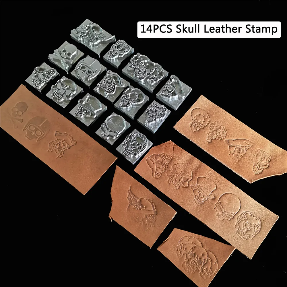 

14pcs/box Skull Style Leather Stamps Set Aluminum Alloy Logo Stamps Pressing Mold Stamper Embossing Hot Stamping Leather Craft