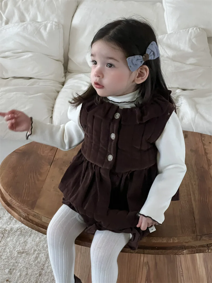 2024 Winter New Baby Girl Sleeveless Clothes Set Thick Warm Girls Cute Lapel Padded Vest + Pp Shorts 2pcs Suit Toddler Outfits