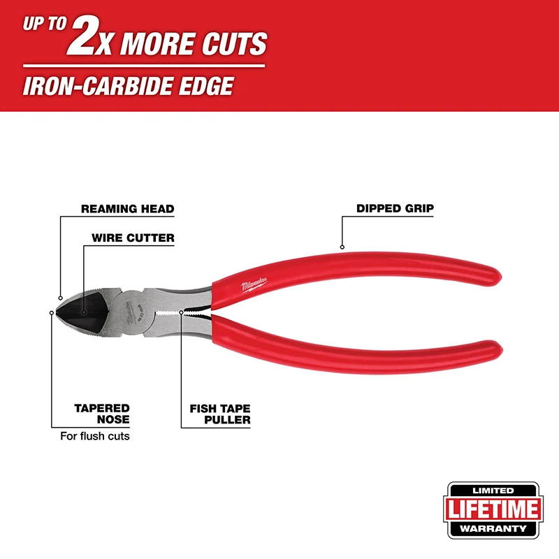 Milwaukee 48-22-6508 8 Inch Diagonal Cutters Iron Carbide Edge Wire Cutters Up to 2X More Cuts Flush Cut Pliers