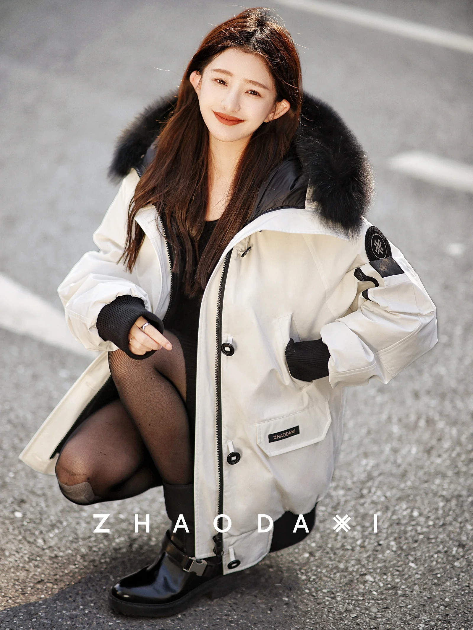

Detachable White Goose down Fur Collar Parka Coat 90% Full down Pure Color Commute Sle Long Sve Regular Fit Jaet