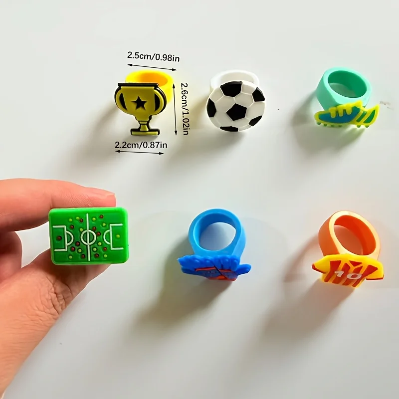 6pcs Kids Sport Soccer Silicone Finger Rings 6 Styles Football Trophy Pitch Jersey Design Stretch Rubber Ring Party Supplies