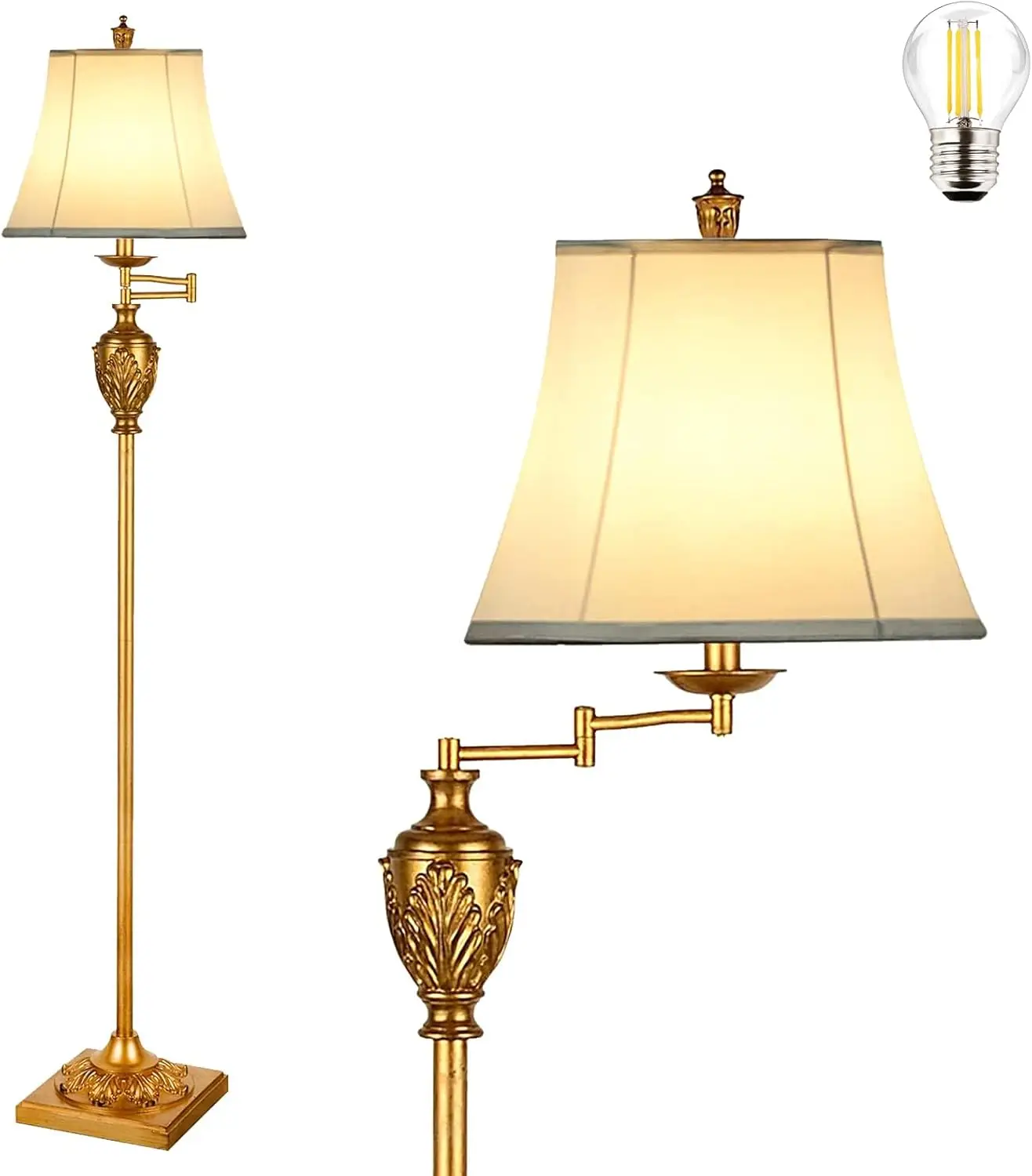 

Vintage LED Floor Lamp with 350° Adjustable Swing Arm for Living Room, Bedroom, Office - Rustic Home Décor Light