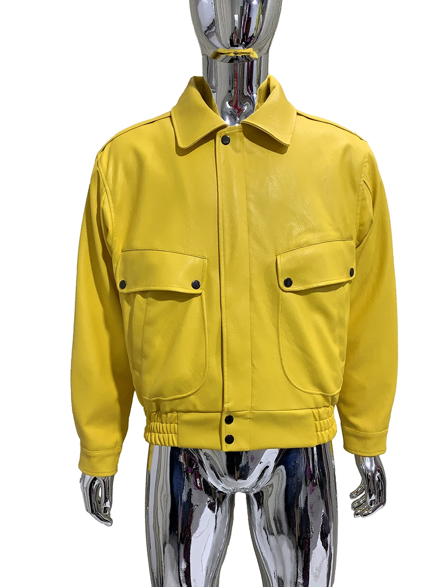 Spring Autumn Cool Short Bright Yellow Pu Leather Jacket Men Turn-down Collar Red Luxury European Fashion Black Clothes 2025