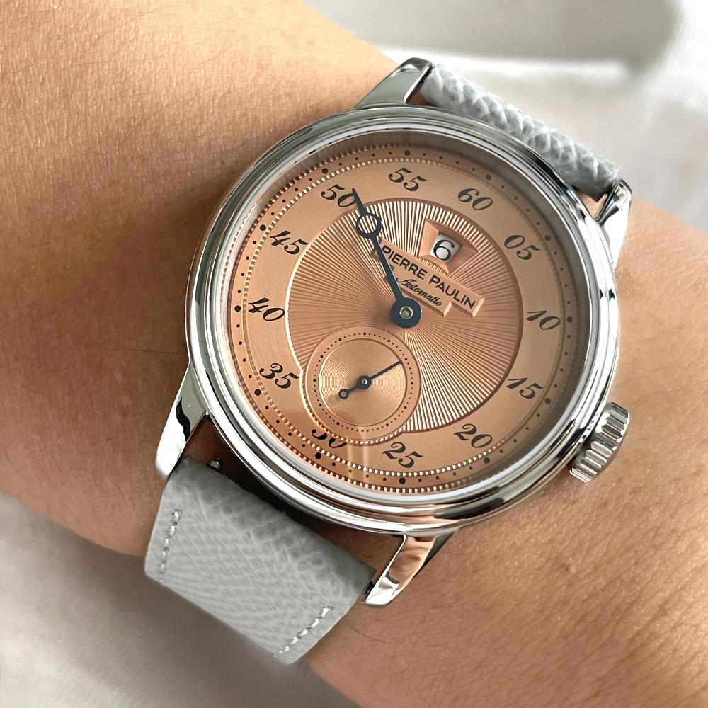 Sapphire Crystal NEW Pierre Paulin Jumping Hour Men Watch Salmon Dial Automatic St17 Mechanical Watch Vintage Date Window