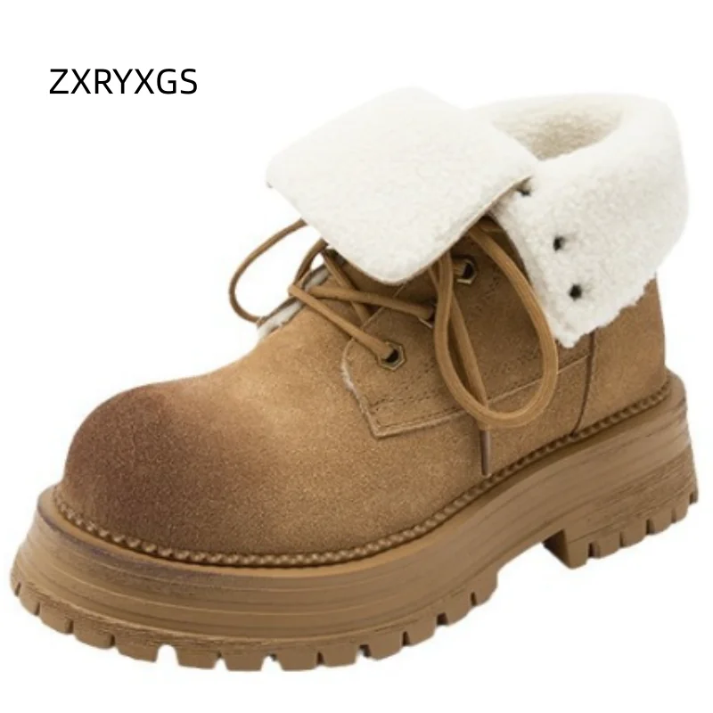 

ZXRYXGS Superior Frosted Cowhide Autumn Winter Shoes Woman Boots 2025 Thick Soled Non-slip Thick Mid Heels Comfort Trendy Boots