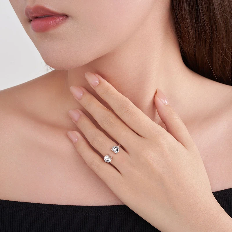 Smyoue 2CTTW Heart Cut Moissanite Open Rings for Women Trendy Wedding Party Band Real 100% 925 Silver Jewelry Birthday Gifts