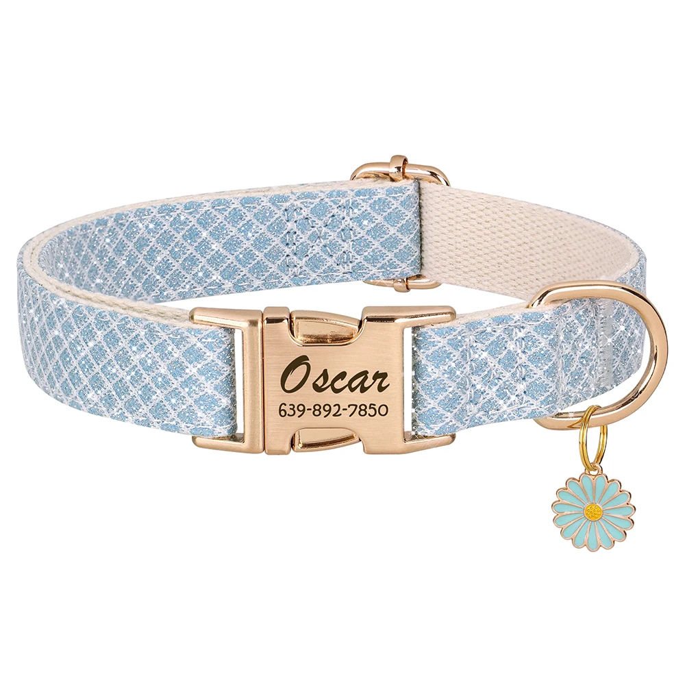 Benutzerdefiniertes Hundehalsband aus glitzerndem Nylon mit Blumenanhänger, kostenlose Gravur, Haustiername, Schnallenhalskette für kleine, mittelgroße und große Hunde – Detail 7