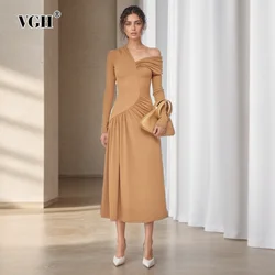 VGH Solid Temperament Patchwork Folds Dress For Women V Neck Long Sleeve High Waist Slimming Dresses Female Fashion