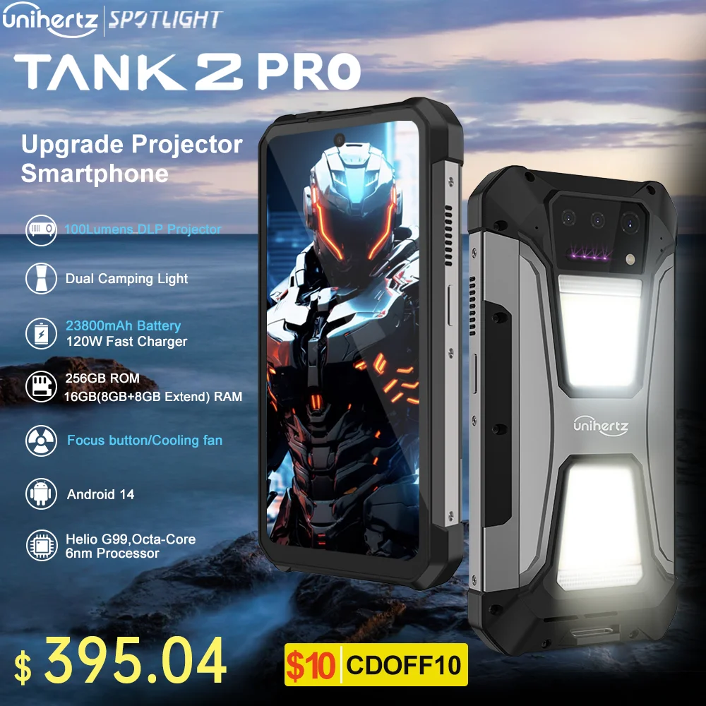 Unihertz Tank 2 PRO 8849 Rugged Phone with Projector 2.4K 23800 mAh 24GB+512GB Android 14 100MP NFC 120W G99 Octa Core Dual SIM