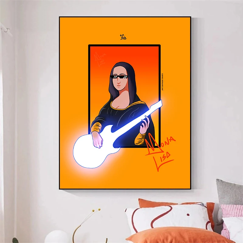 

Funny Mona Lisa Guitar Wall Art Canvas Painting Prints Modern Pictures Abstract Posters for Living Room Home Decor No Frame