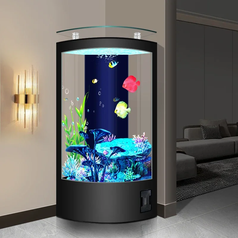 Corner fish tank living room against the wall corridor floor triangular arc hot bending glass fan back filter aquarium