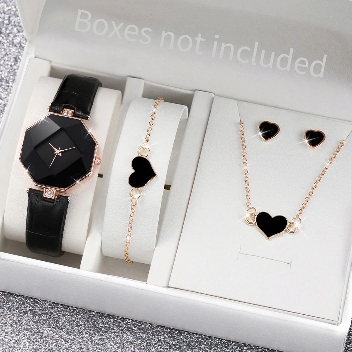 5PCS/Set Women\'s Watch Fashion Leather Band Analog Quartz Watches Heart Jewelry Set(Without Box)