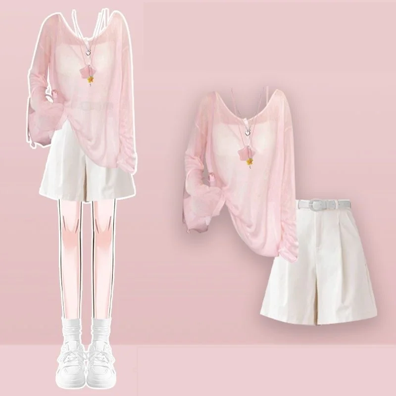 

Women's 2026 Summer New Fashion Sunscreen Top+Strap+Chic Suit Shorts 3-Piece Suits Korean Elegant Casual Tracksuit Matching Set