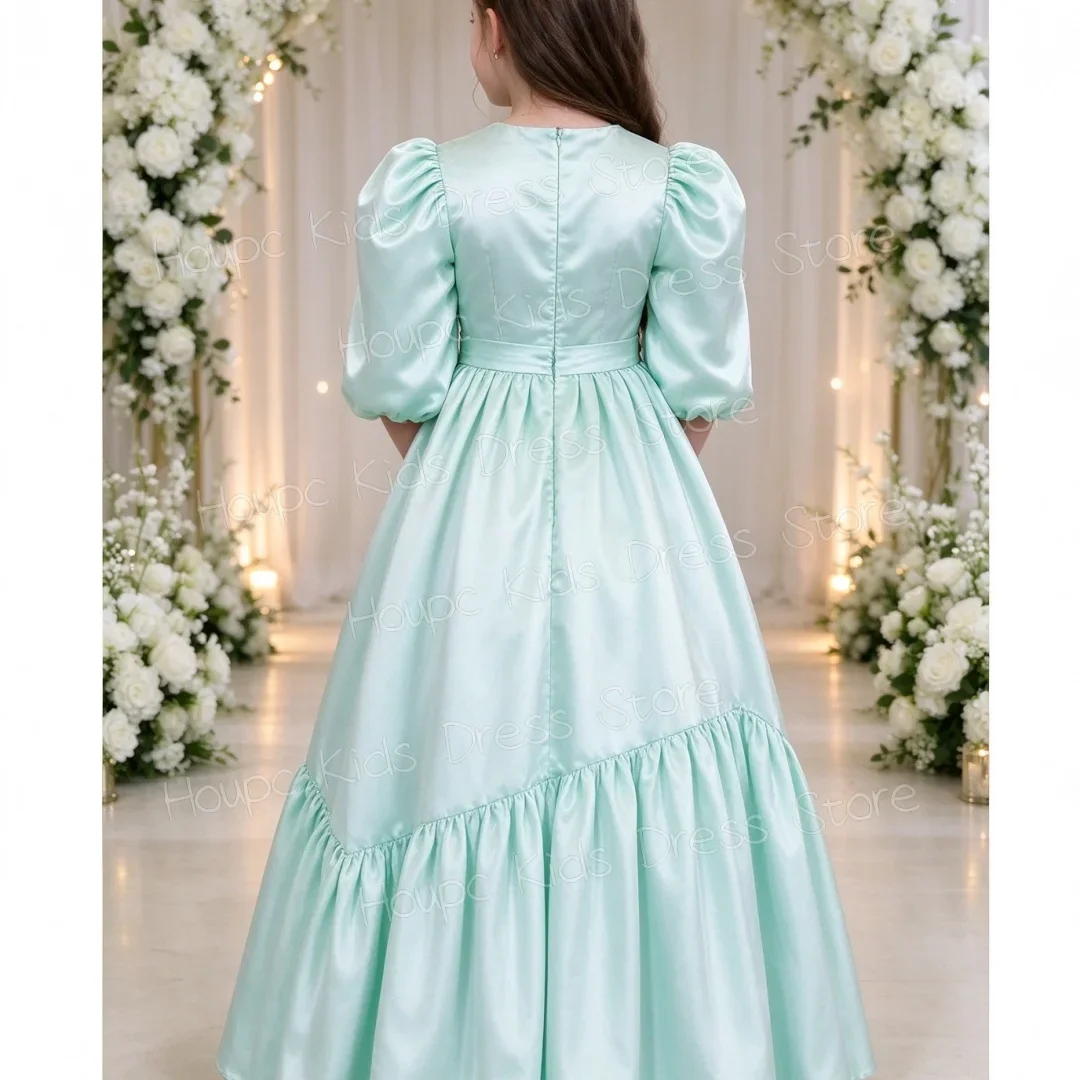 Girls Mint Green Satin DressWedding Puff Sleeve Lace Bodice High Waist Tiered Maxi Gown Kids Flower Girl First Communion