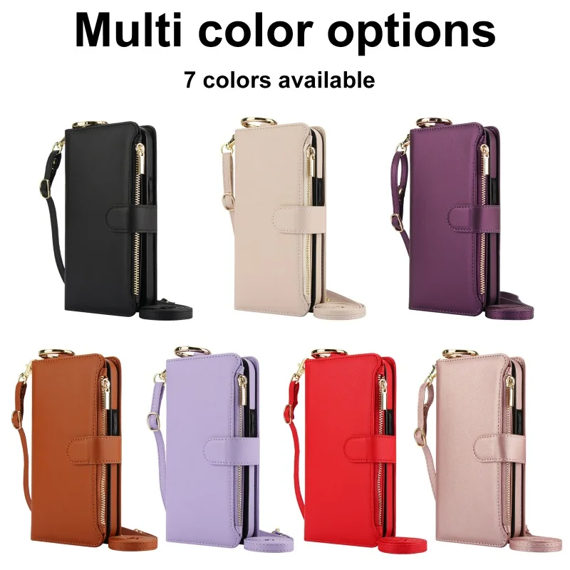 Ring Lanyard Wallet Card Slots Zipper Leather Case for Samsung Galaxy A56 A57 A15 A36 A37 A16 A26 A17 A55 A54 Shockproof Cover
