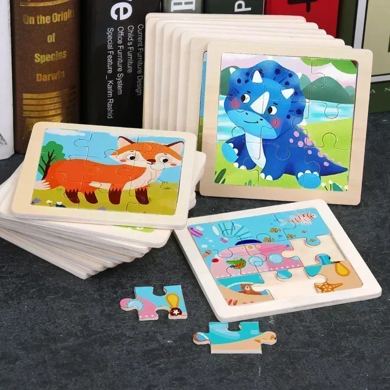 Holz Mini Puzzle Spielzeug 9-teilig Cartoon Tier Verkehrs Tangram Pädagogisches Lernen Jigsaw Montessori Spielzeug für Kinder Geschenke