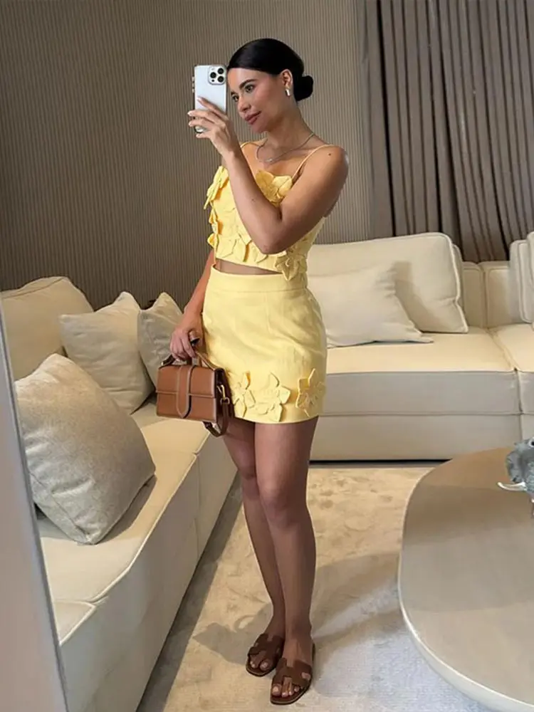 Elegante 3d flor superior mini saia terno feminino deslizamento sem costas recortado topo de cintura alta a linha saias verão senhora ternos de praia