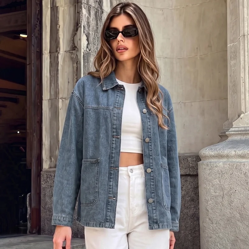 Versatile Loose Shoulder Lapel Denim Jacket Long Sleeved Single Breasted with Double-Sided Large Patch Pockets Layered Style
