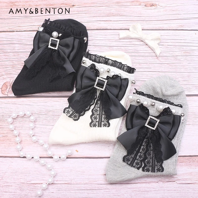 

Handmade Japanese Mine Mass-Produced Bow Bead Socks Women All-Match Cute Sweet Lolita Lace Socks Pure Color Slim Kawaii Socks