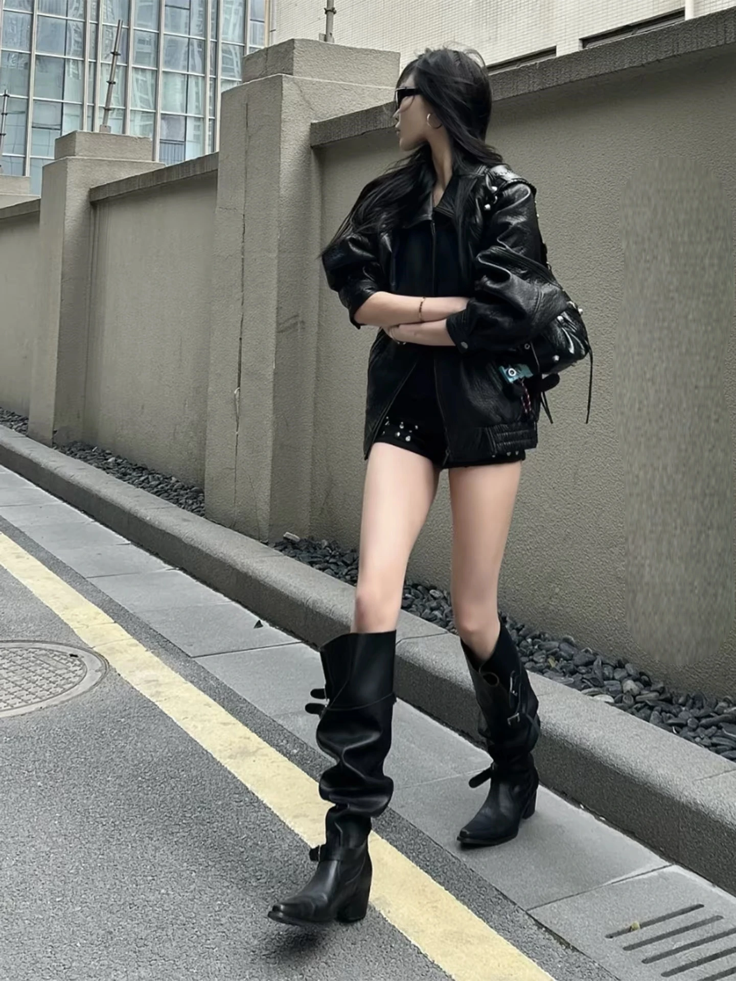 Women's Western Knight Boots High Tube Sharp Toe Long Boots Folded Heap Heel Heightening Black Long Boots Spring 2026